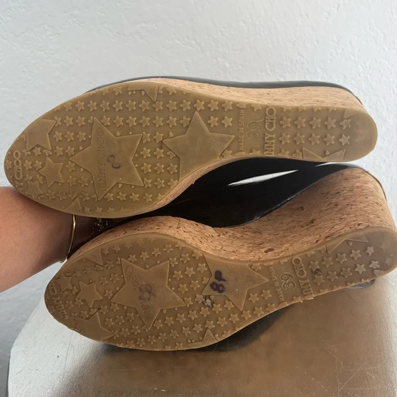 Jimmy Choo Black Patent Papina Cork Wedge Pumps Size 39 - Picture 9 of 9